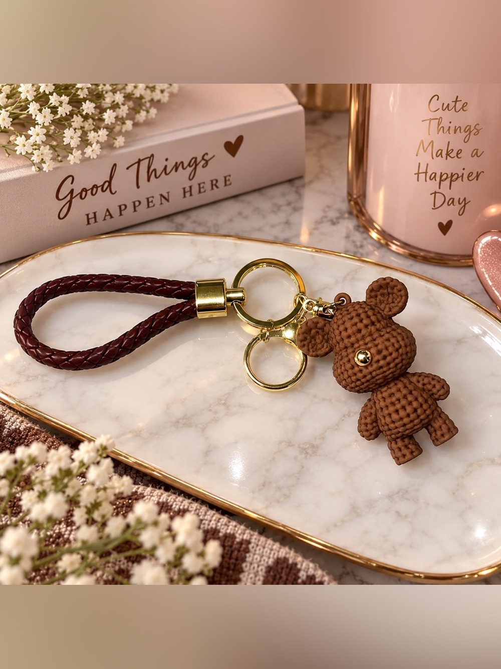 Brown Teddy Bear Keychain Wristlet Charm Braided Strap Cute Bag Accessory NWOT